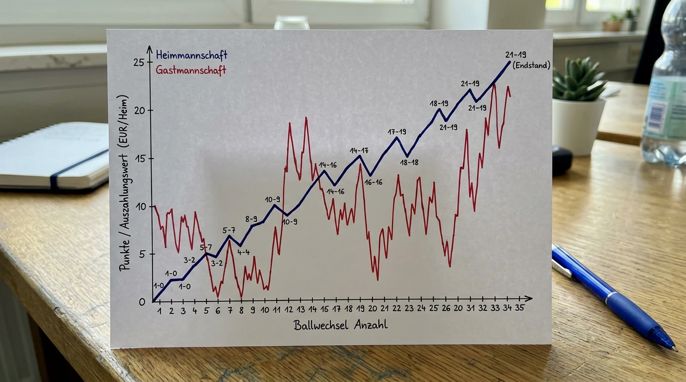 Diagramm zeigt volatile Punktabfolge im Beachvolleyball und den Einfluss auf Cash-Out-Quoten