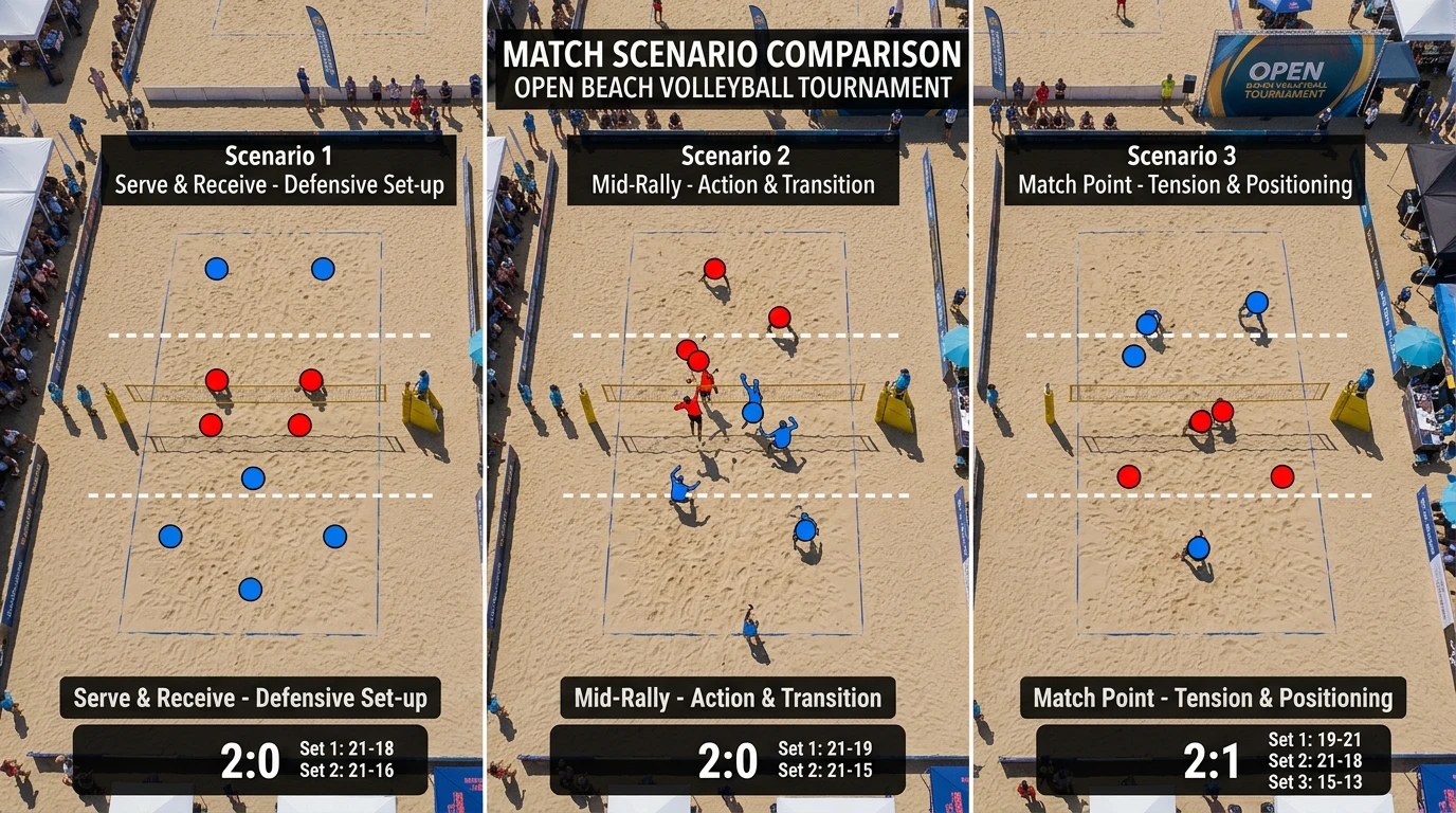 Drei konkrete Handicap-Szenarien aus realen Beachvolleyball-Major-Matches für Satz- und Punkt-Handicaps