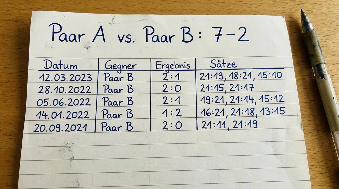 Head-to-Head Statistiken zweier Beachvolleyball-Paare mit Siegbilanz und Satzverhältnis