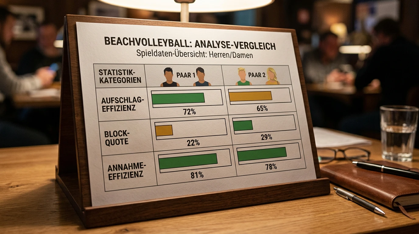 Analyse zweier Beachvolleyball-Spielerpaare mit Statistikvergleich auf Sand