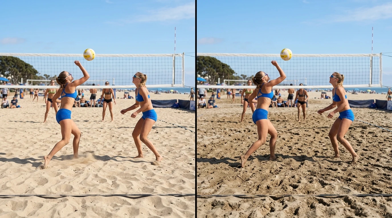 Beachvolleyball-Paare auf unterschiedlichen Sandvarianten mit Performance-Vergleich