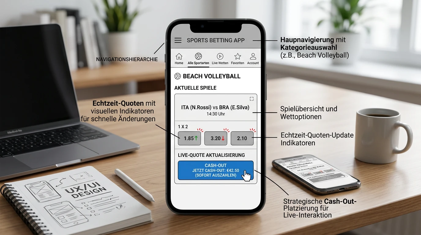 App-Kriterien Sportwetten Beachvolleyball - Echtzeitquoten Live-Wetten Spielerschutz mobile Usability