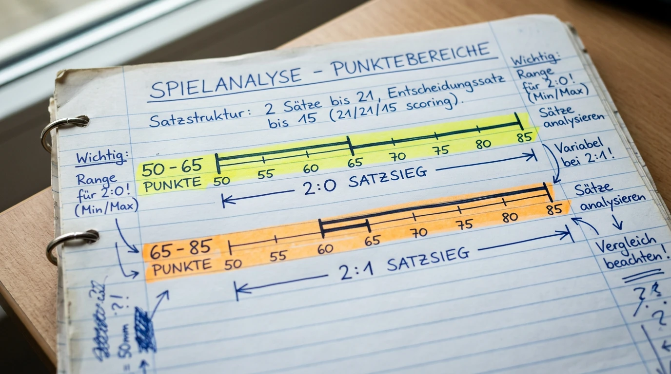 Typische Über/Unter-Linien für Beachvolleyball-Matches — Gesamtpunktzahl-Bandbreiten bei 2:0 und 2:1 Ergebnissen