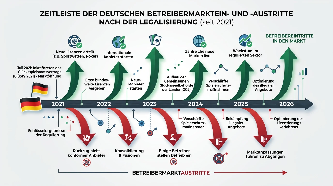 Entwicklung der GGL Whitelist: Marktein- und -austritte von Sportwettenanbietern in Deutschland seit 2021